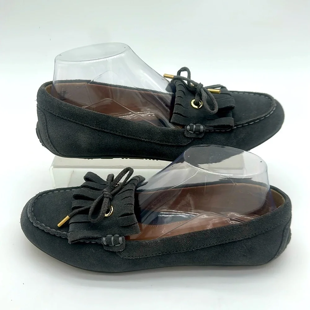 Lands End Women's Moccasin Gray Suede Fringe Slip On Loafers Size 7.0 B